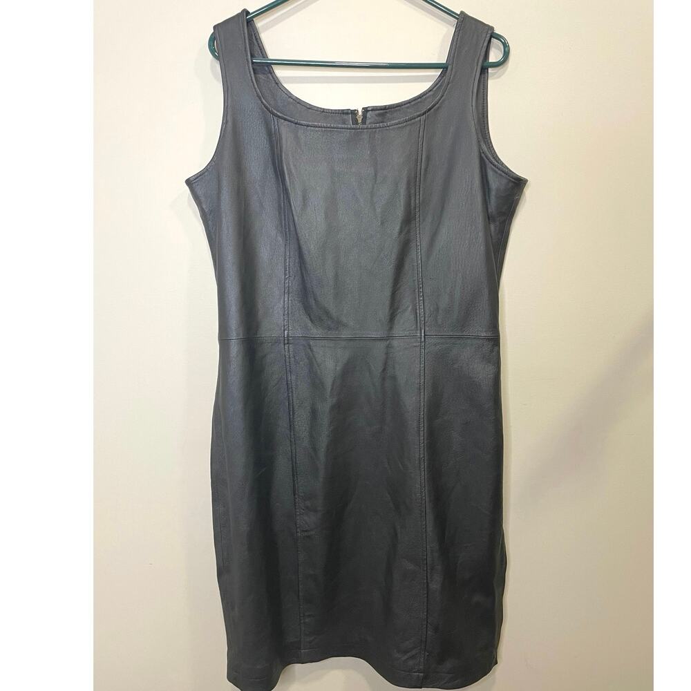 Vtg AMI Womens Dress Y2K 90s Black Leather Sheath Sleeveless Size XL